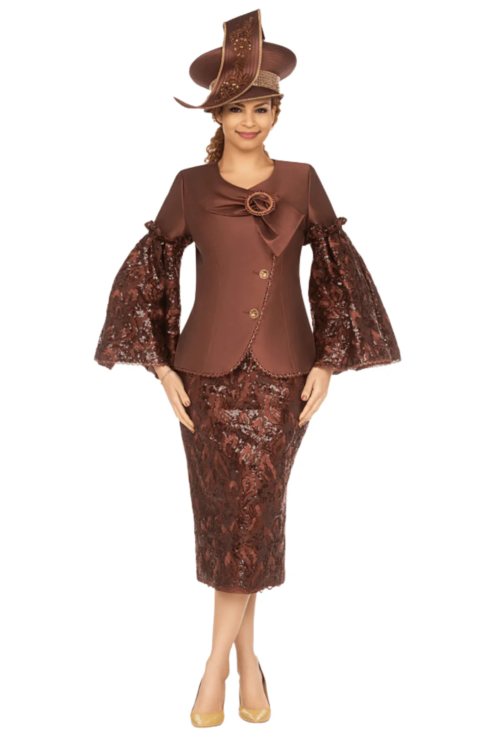 2pc Bell Slv Seq Lace&Silky Twill Skirt Suit-Plus - Image 3