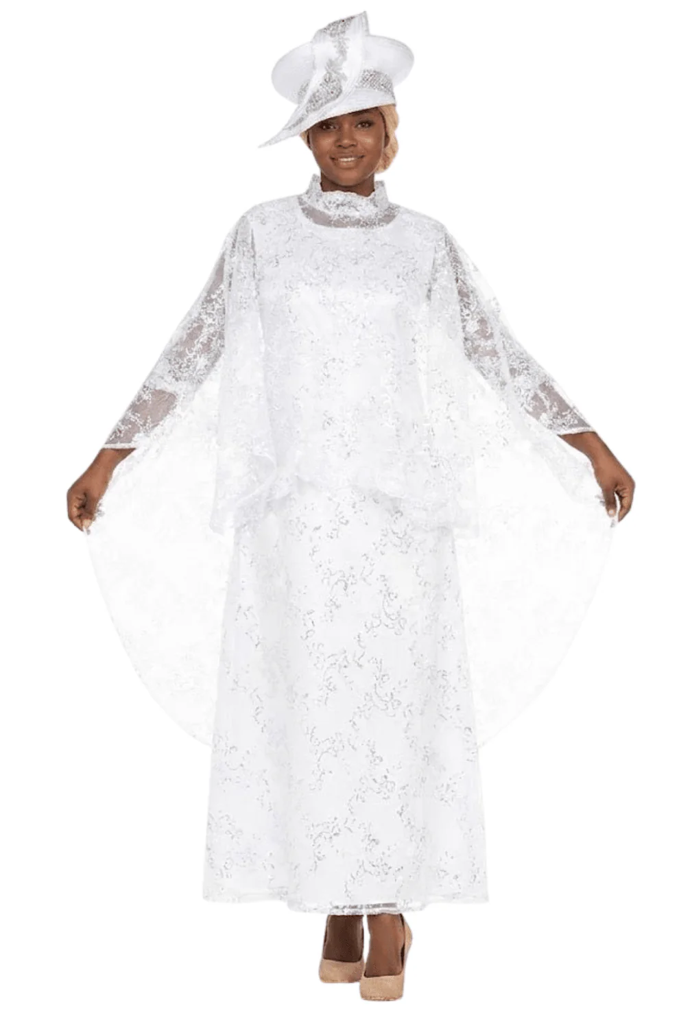 2pc Lux Sequined Lace Drs + Hi-low Cape