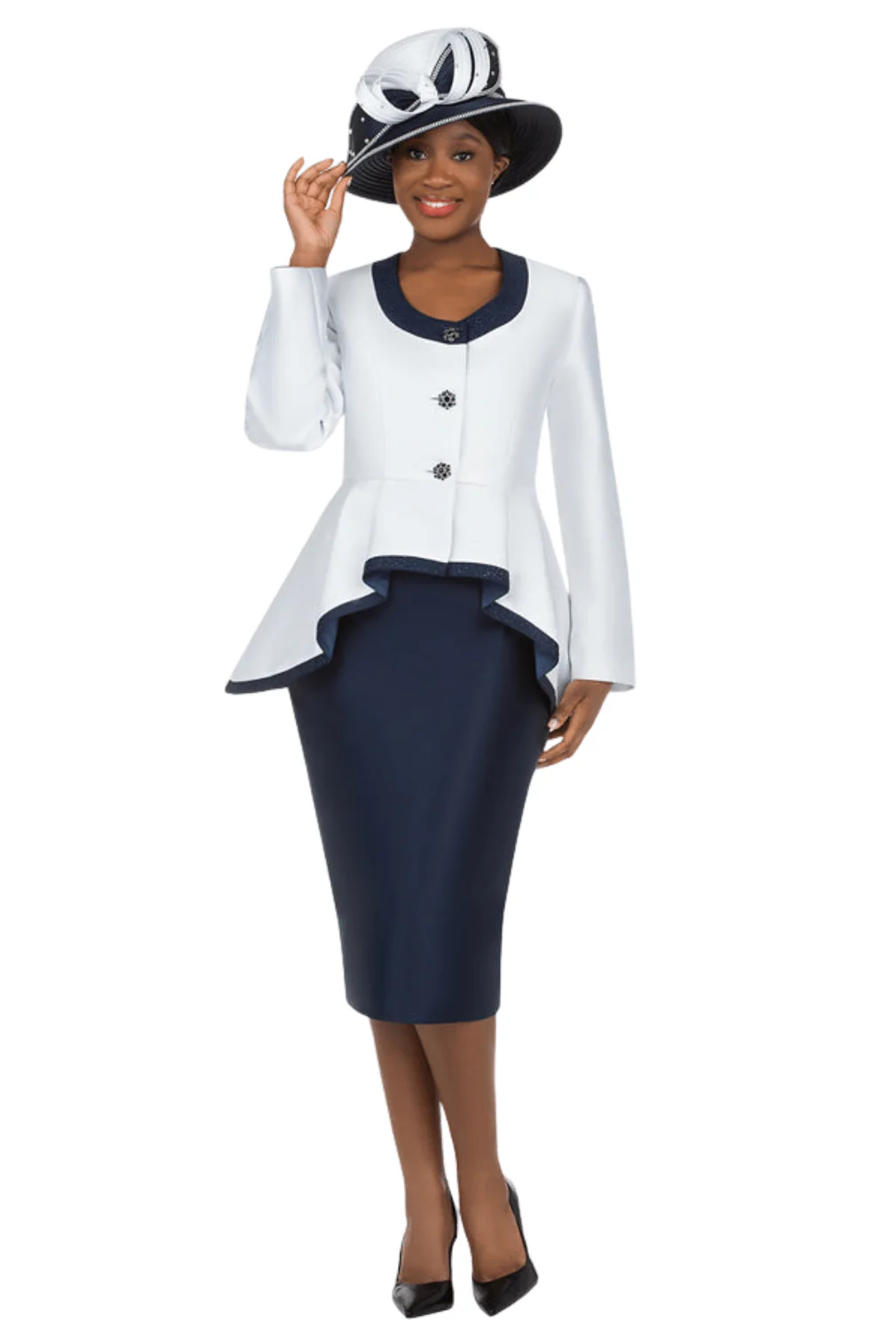 2pc Silky Twill Round Neck Uneven Peplum Suit-Plus - Image 3