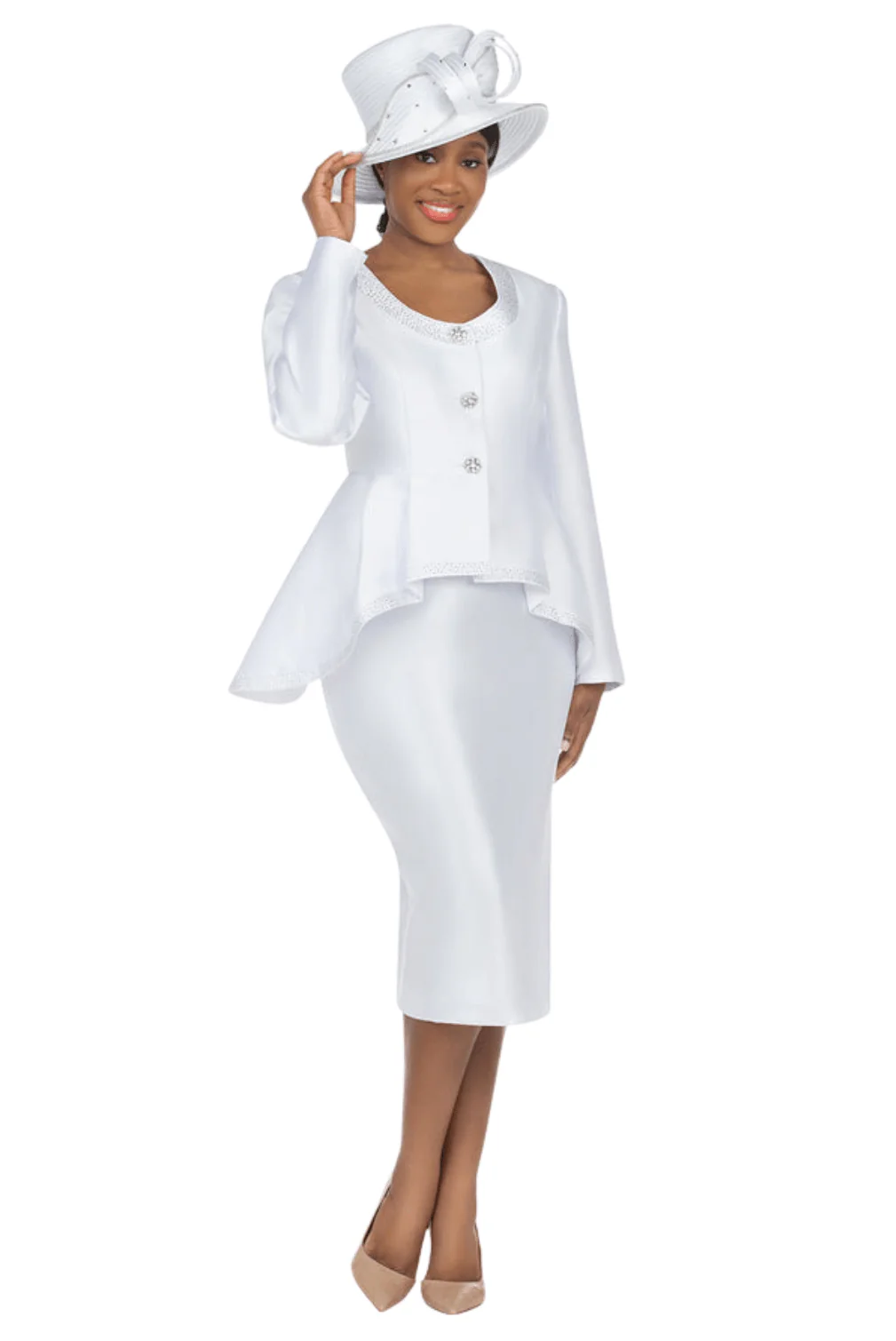 2pc Silky Twill Round Neck Uneven Peplum Suit-Plus - Image 4