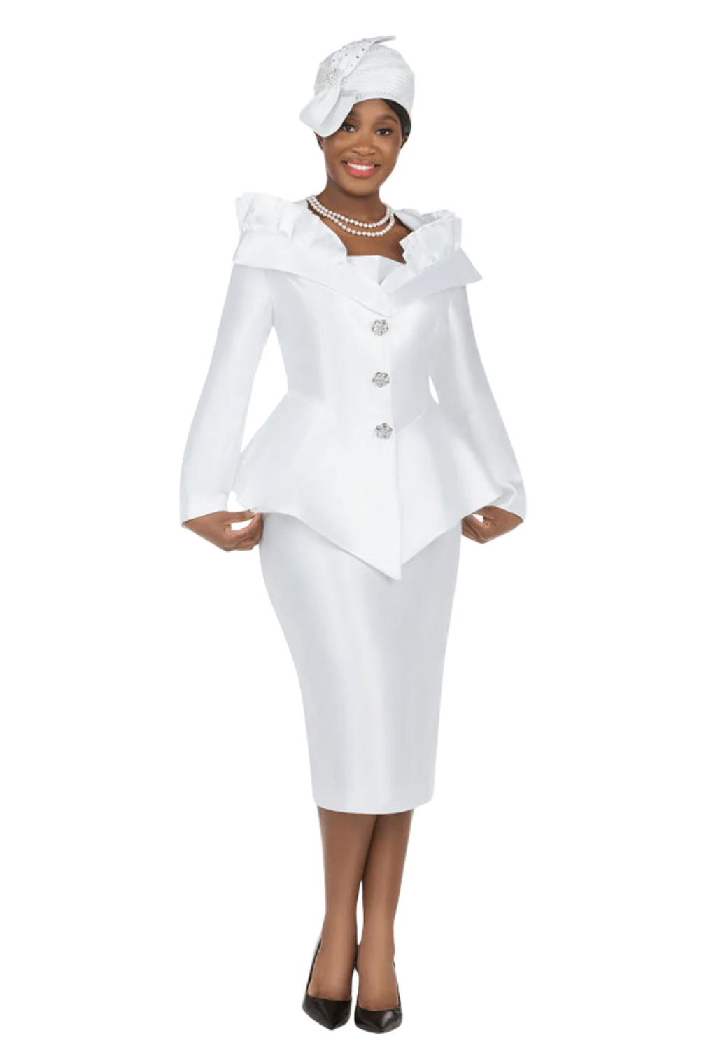 2pc Silky Twl Ruffled Neck Peplum Jkt+Skt Set