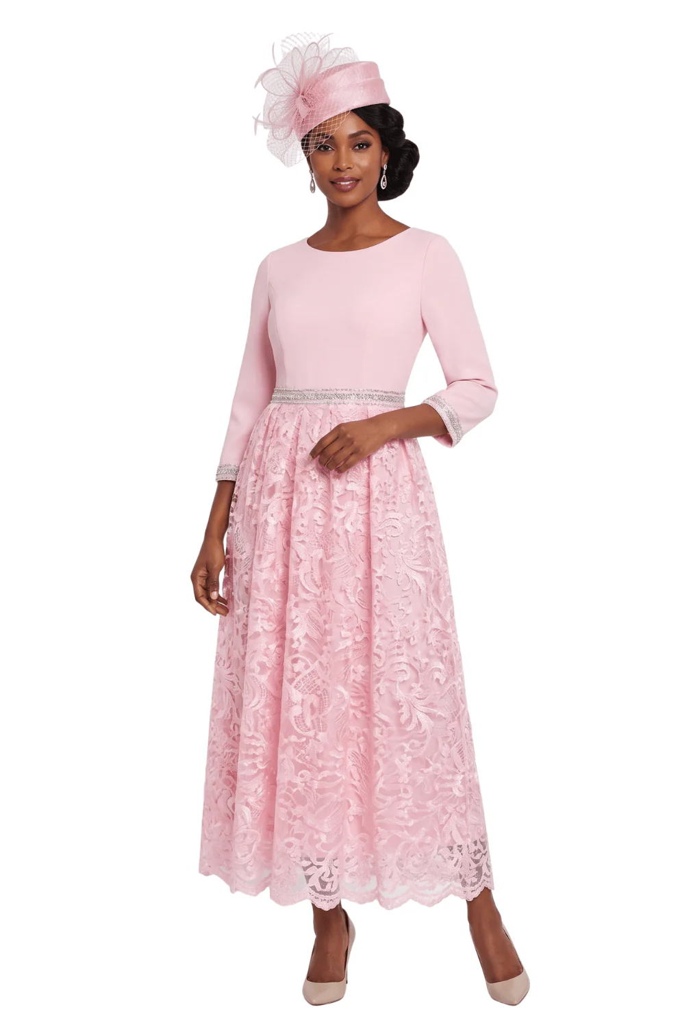 3/4 Slv Maxi Lace Overlay Dress w/ Rhinestoned Wai - Image 4