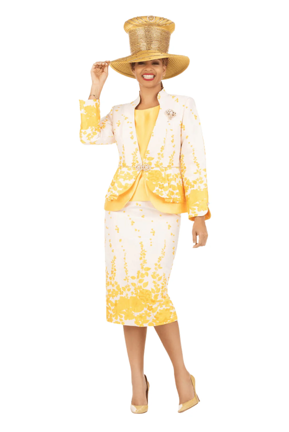 3pc Floral Print Brocade Peplum Jkt Skt Suit-Plus - Image 2