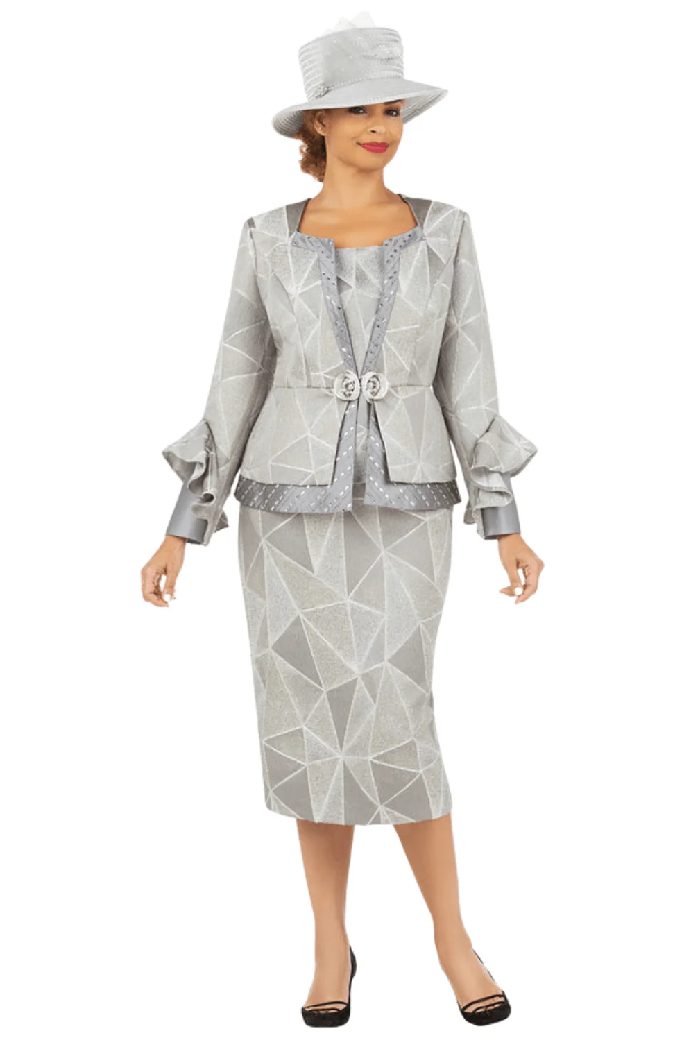 3pc Geometric Ptn Brcd Skt Suit w/ Stones