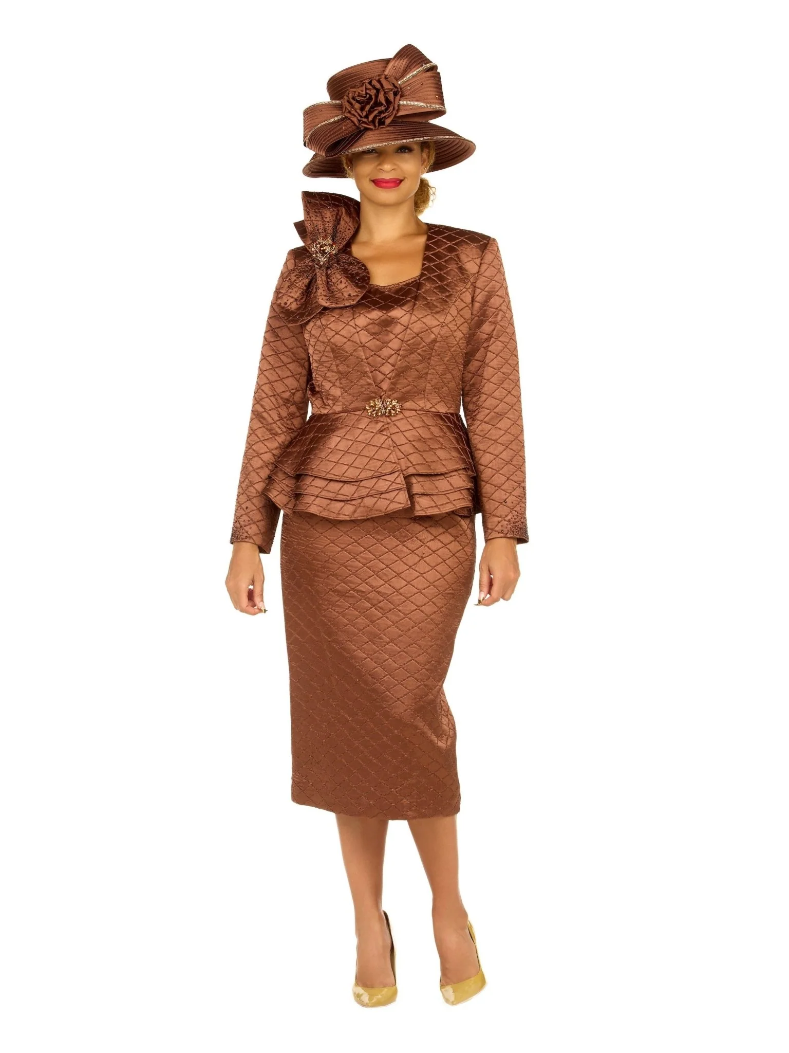 3pc Quilted Peplum Skirt Suit with Brooch - Image 2