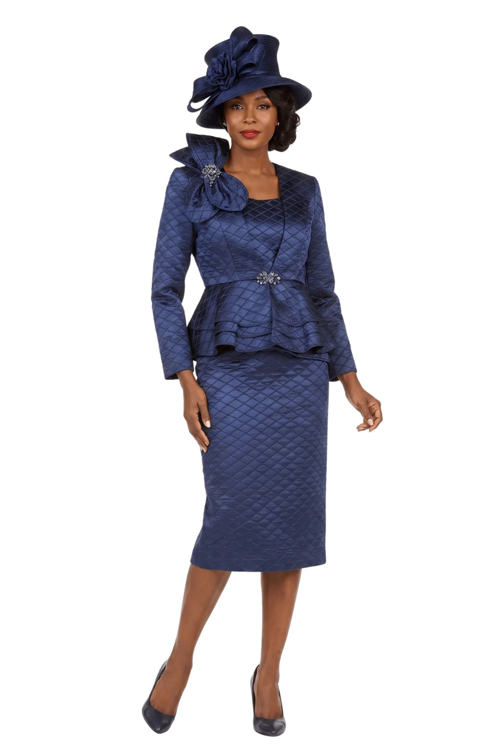 3pc Quilted Peplum Skirt Suit with Brooch - Image 3