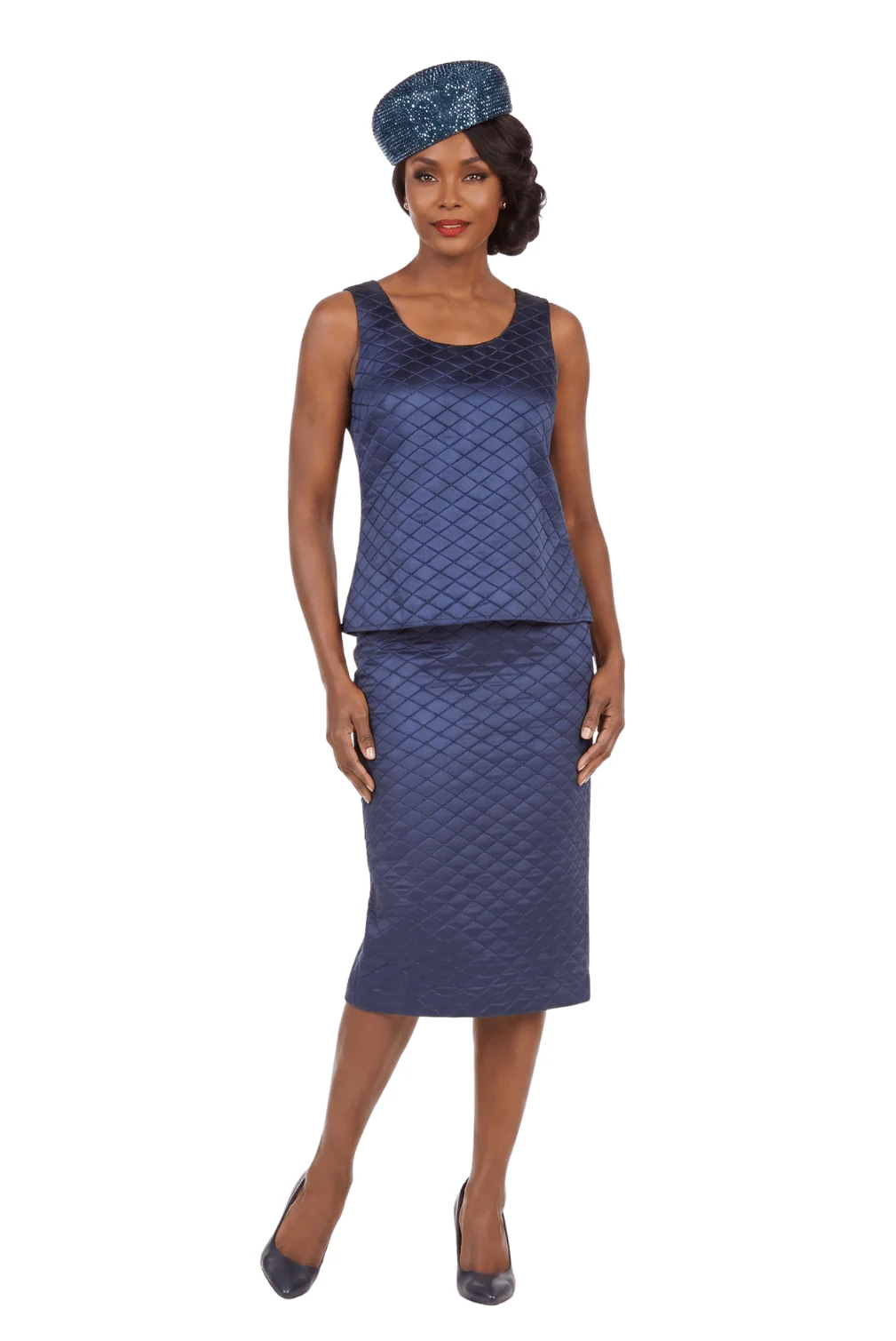 3pc Quilted Peplum Skirt Suit with Brooch - Image 4