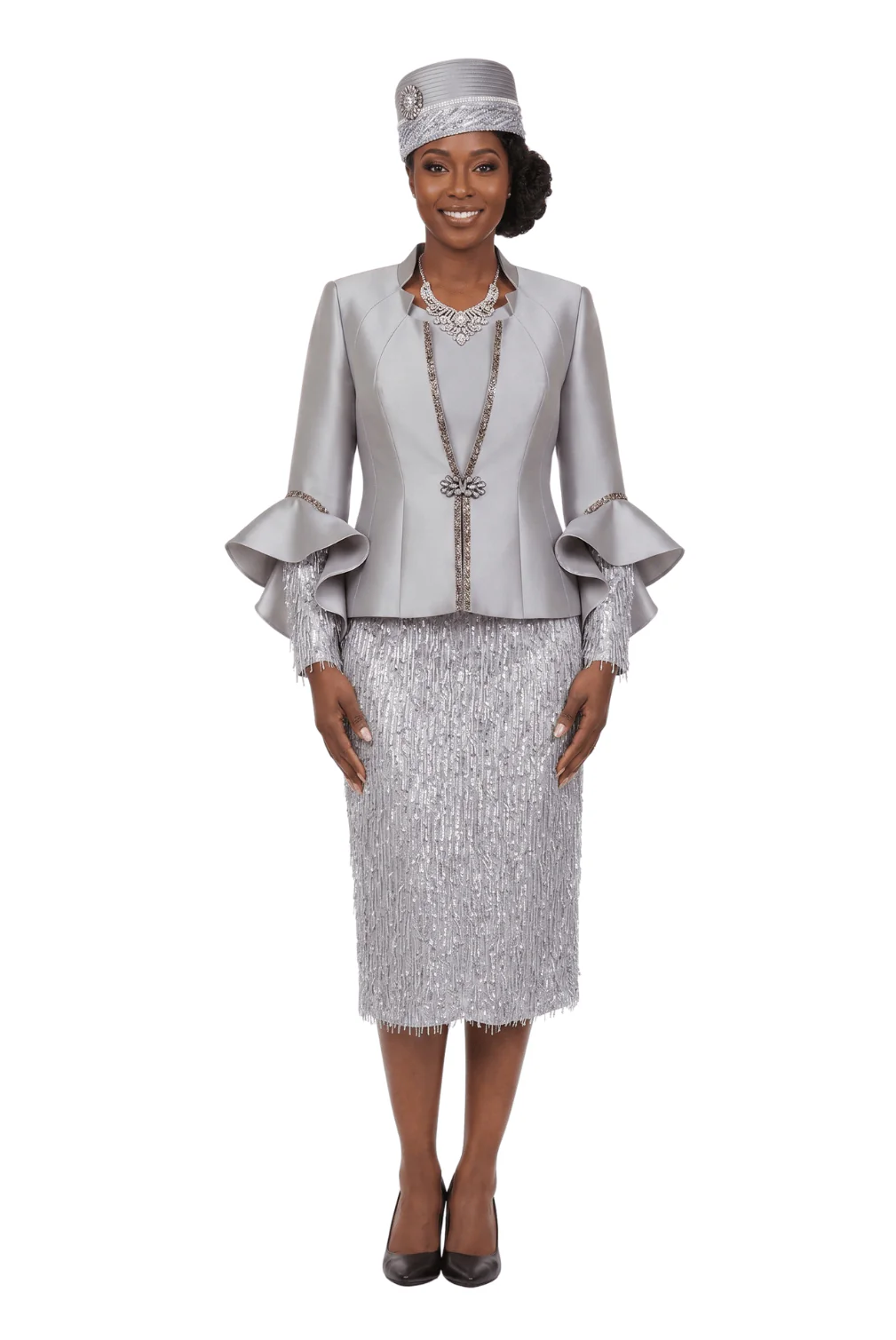 3pc Ruffle-Cuff Jkt, Cami&Fringe Pencil Skirt Suit
