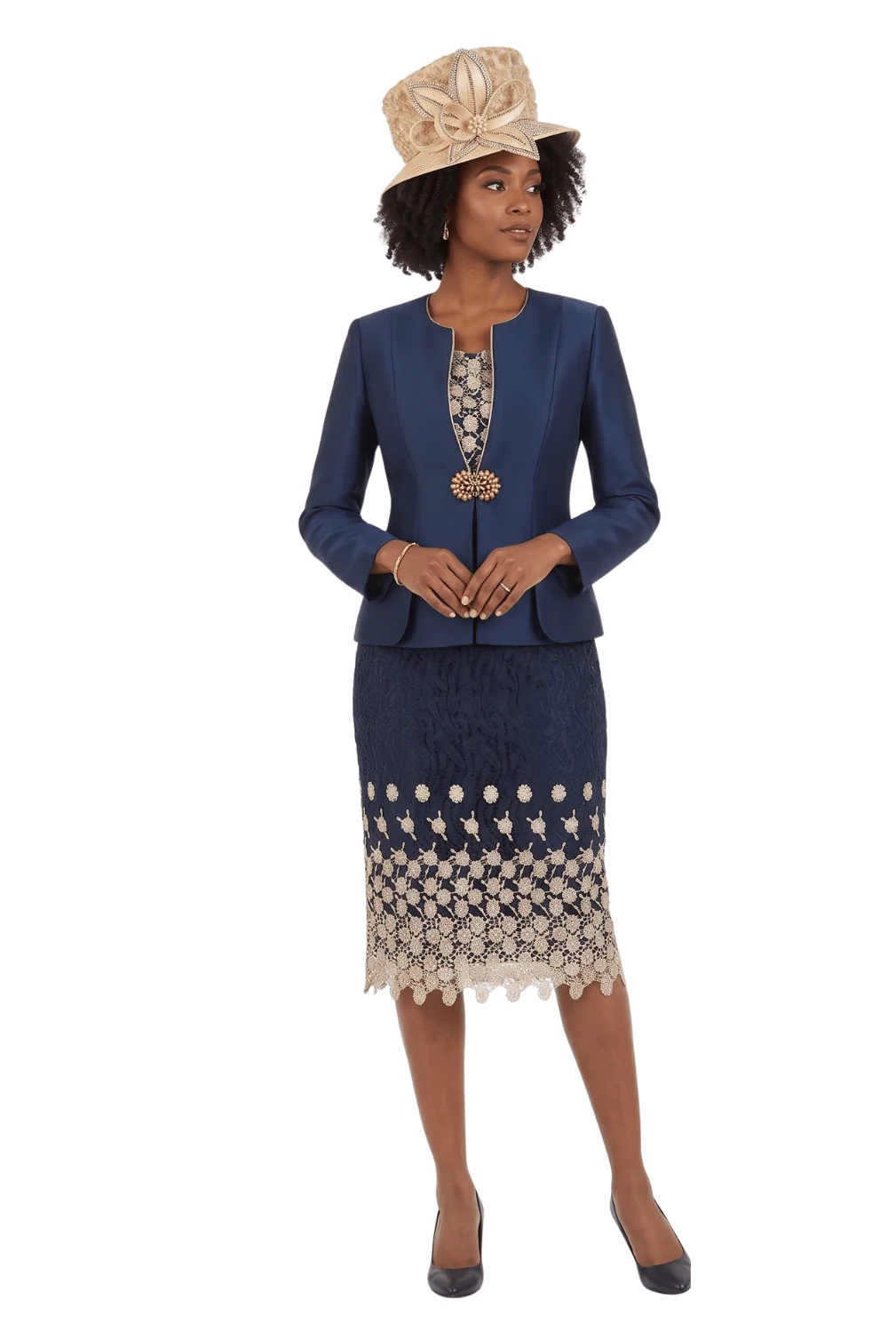 3pc Silk Twill/Lace Combo Two-tone Skirt Suit