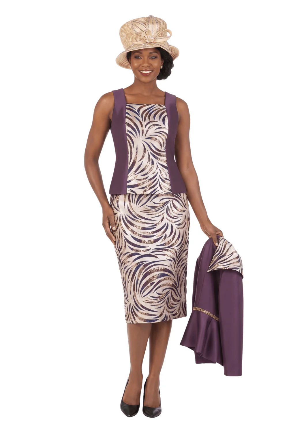 3pc Silky Twl+Brcd Skt Suit w/ Gold Waist Dtl - Image 3
