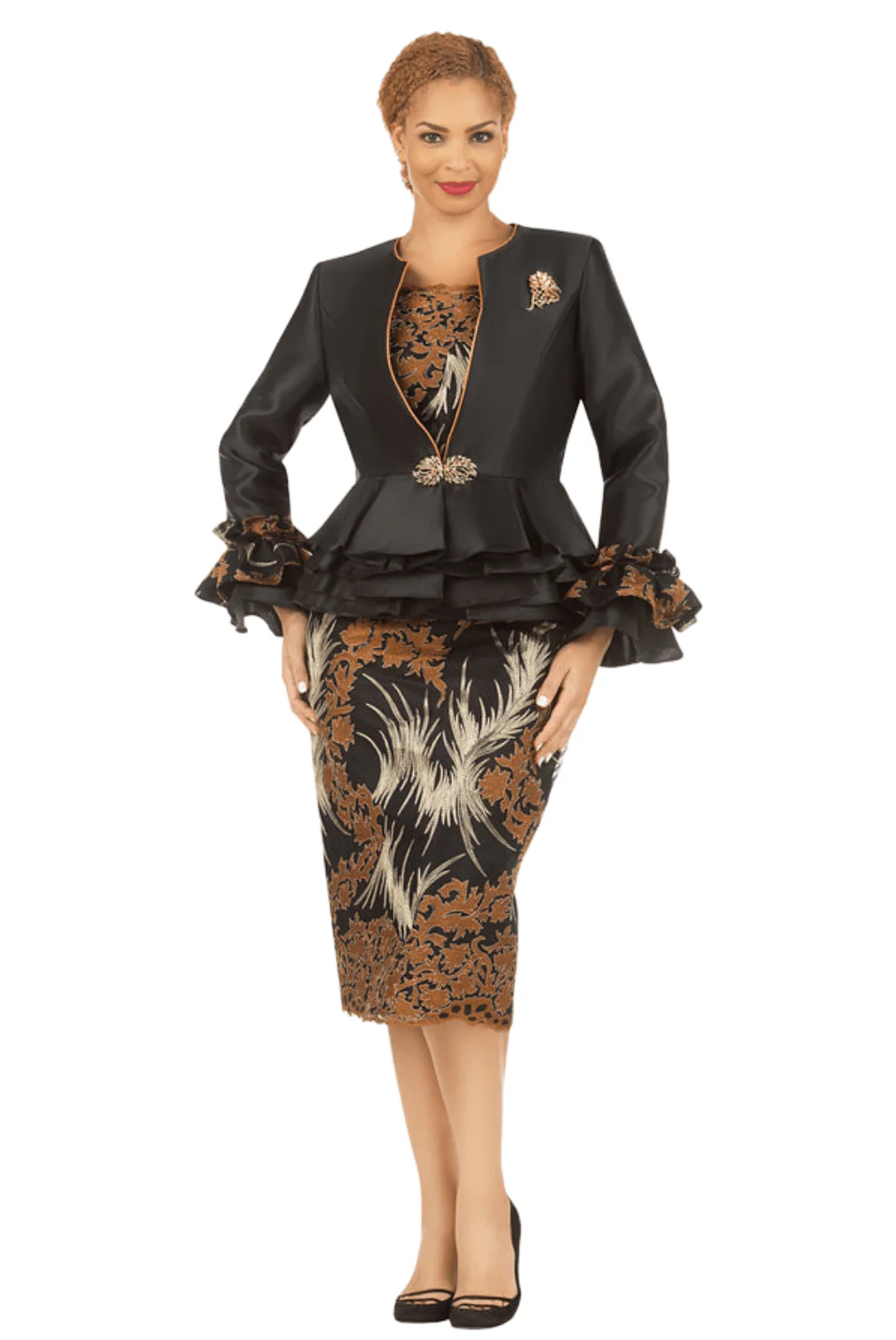 3pc Silky Twl+Lace Skt Suit w/ Cuff Dtl-Plus