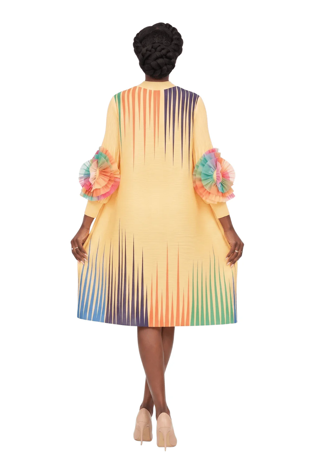 Abstract Pleated Midi Dress with Ruffle Sleeves - Image 2