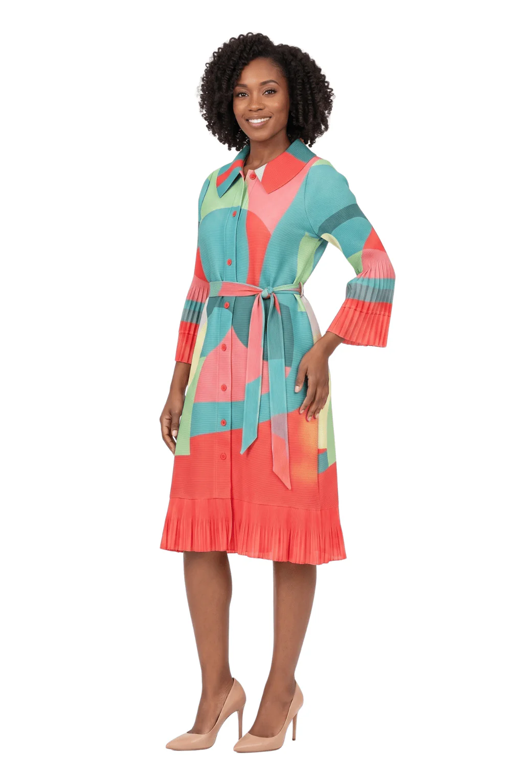 Abstract Print Button Down Midi Dress in Pleats