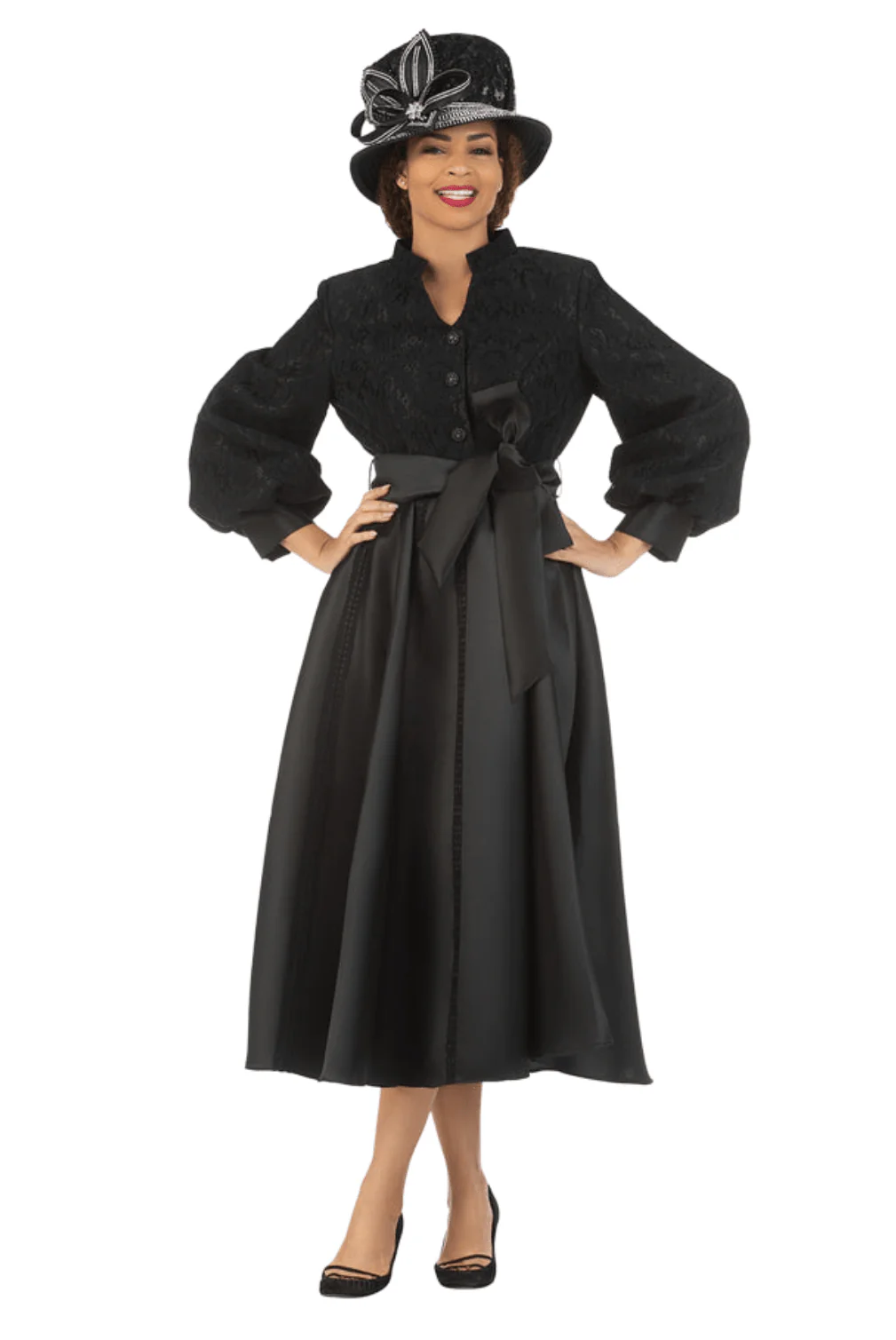 Balloon Slv Lace&Twill A-line Drs w/ Belt-Plus - Image 3
