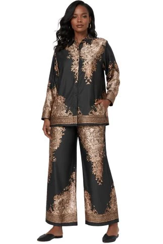 Baroque Print Satin Pant Set -82895