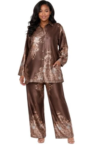 Baroque Print Satin Pant Set -82895 - Image 3