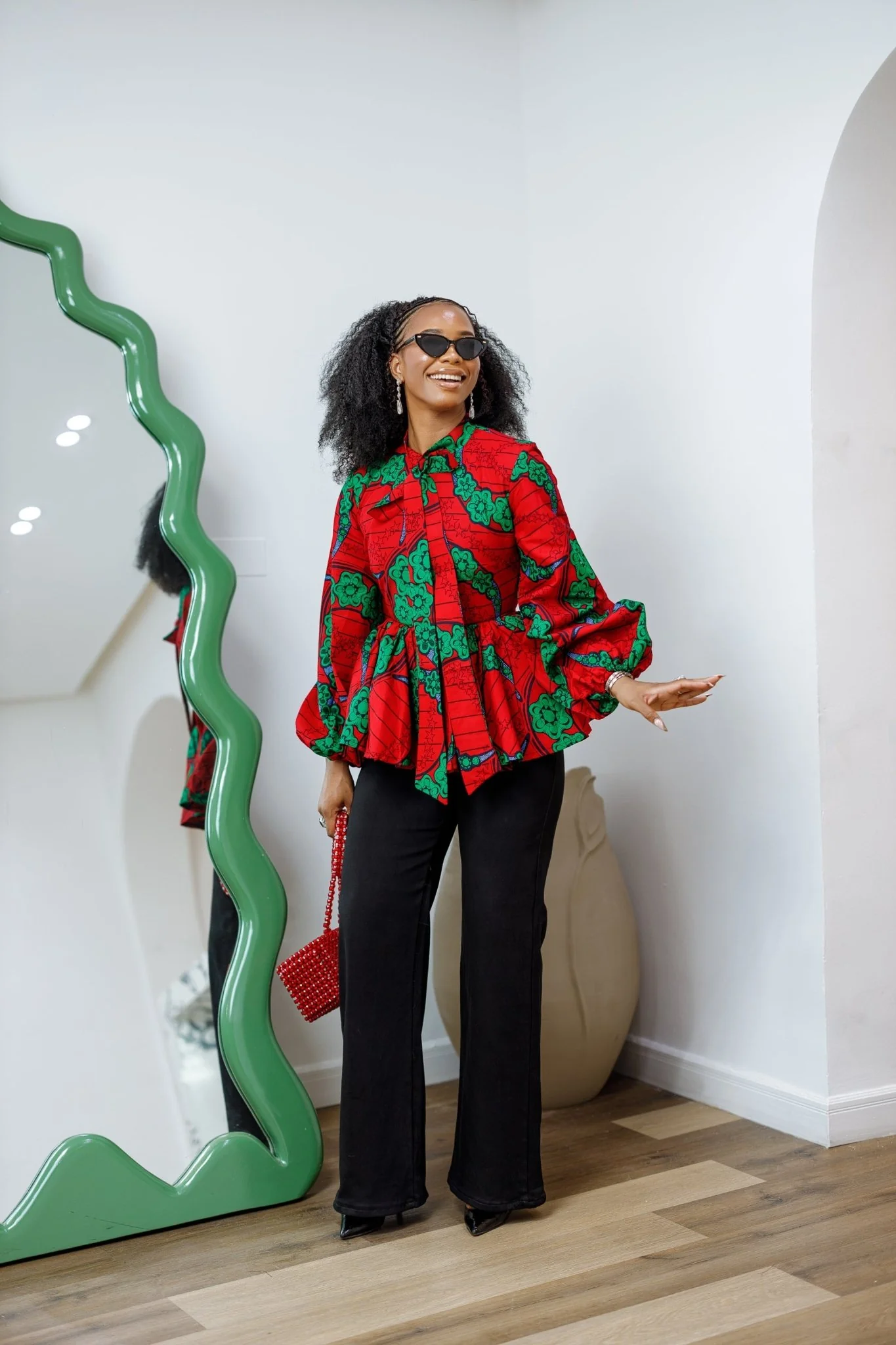 BIBI AFRICAN PRINT TIE NECK PEPLUM TOP [RED] - Image 3