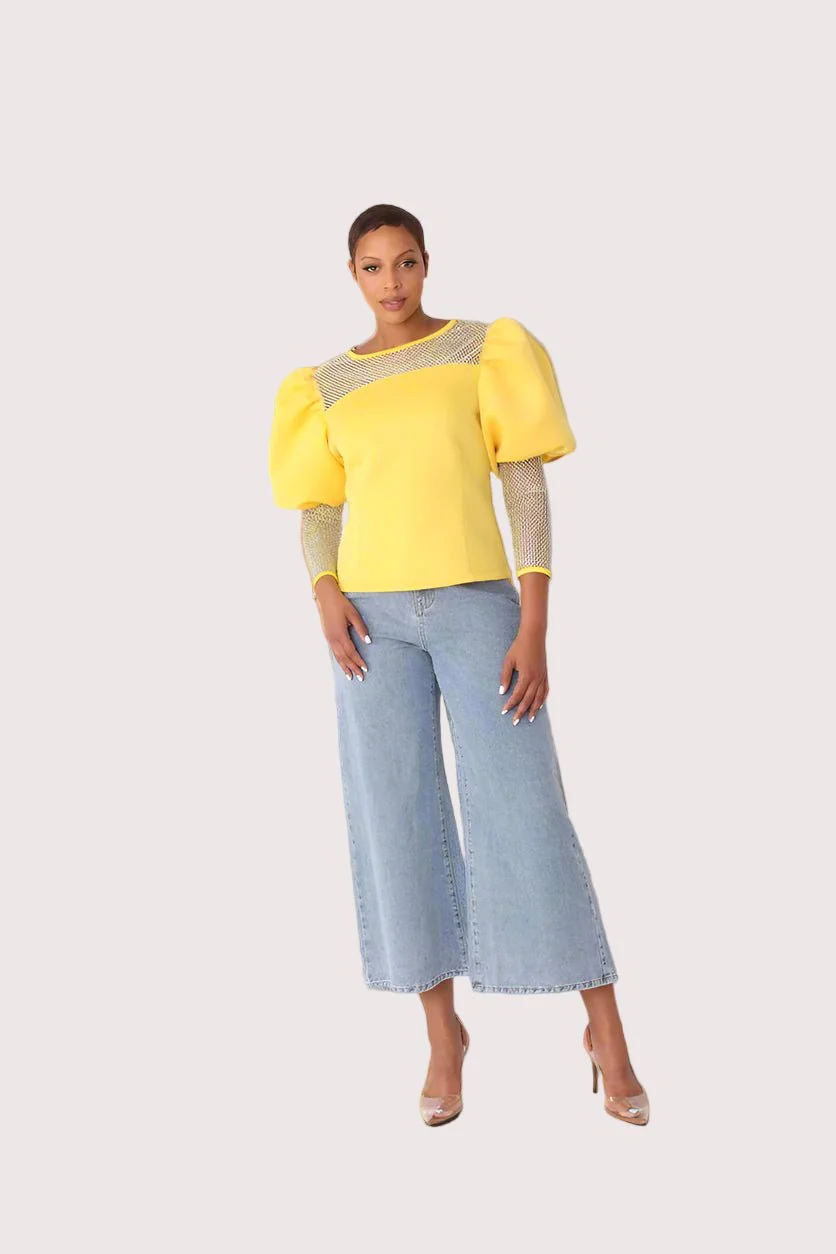 Rhinestone Mesh Yoke Puff Sleeve Top – Elegant Evening Blouse - 82233 - Image 2