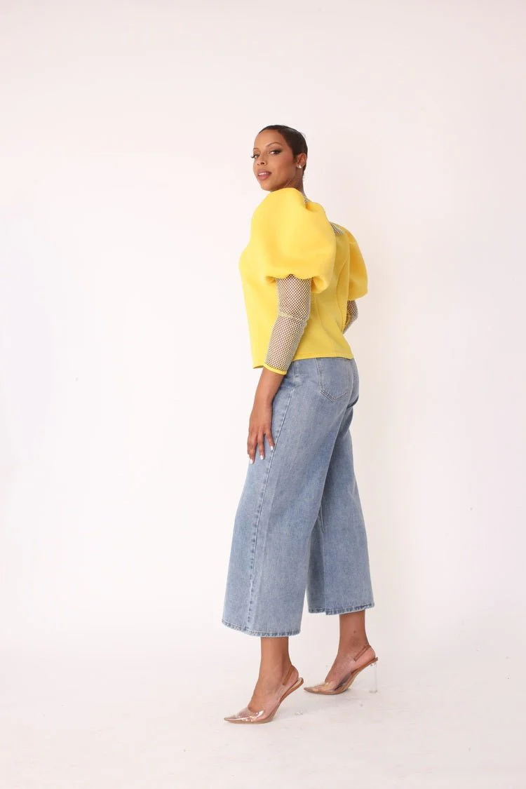 Rhinestone Mesh Yoke Puff Sleeve Top – Elegant Evening Blouse - 82233 - Image 4