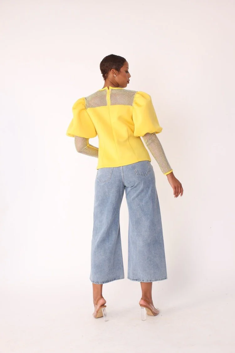 Rhinestone Mesh Yoke Puff Sleeve Top – Elegant Evening Blouse - 82233 - Image 5