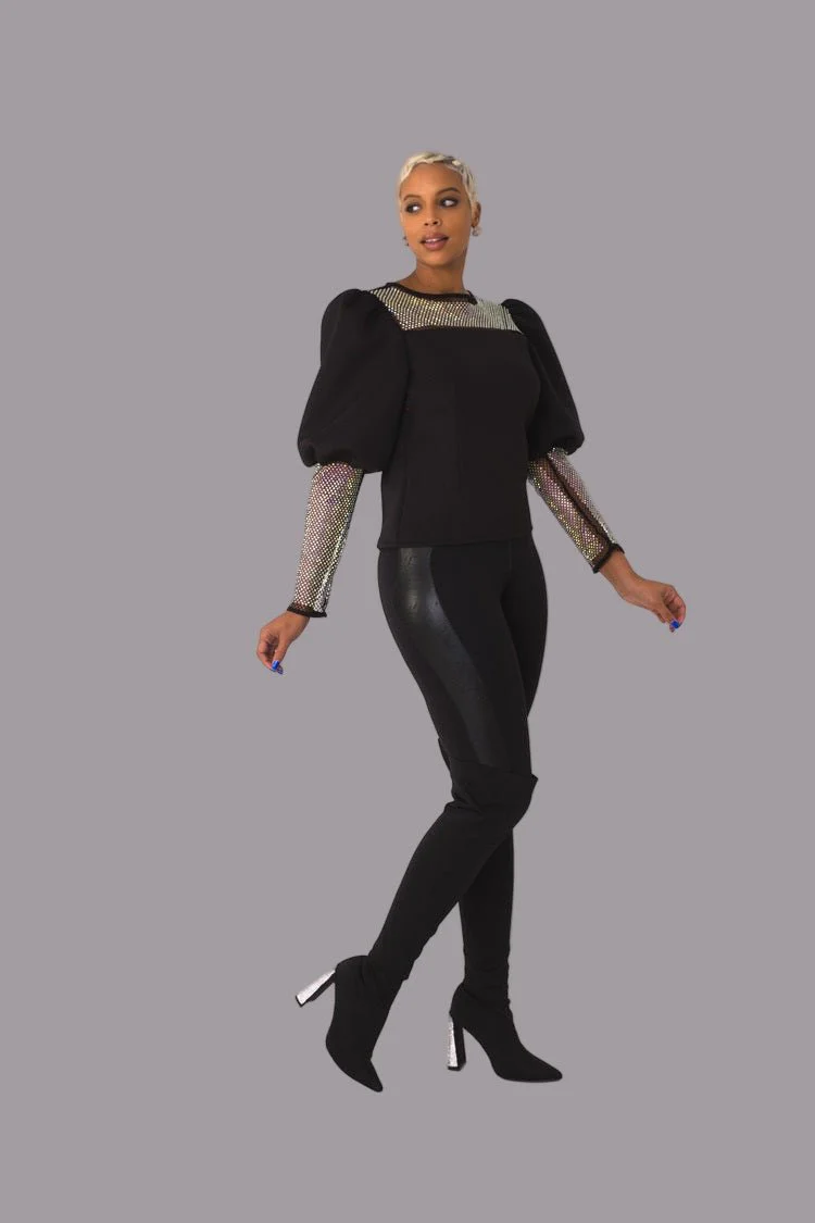 Rhinestone Mesh Yoke Puff Sleeve Top – Elegant Evening Blouse - 82233 - Image 8