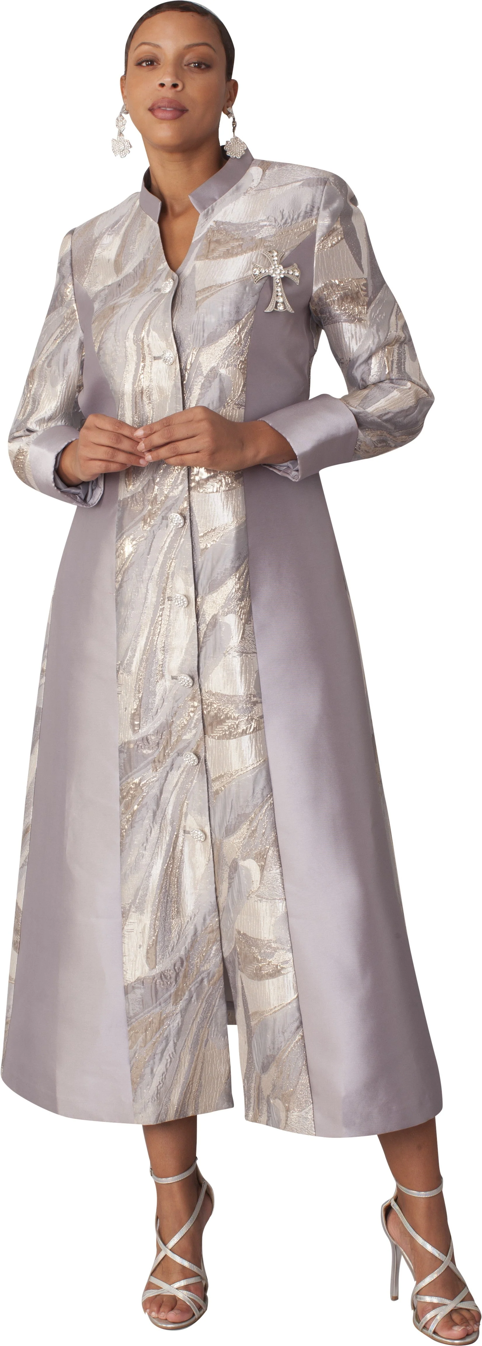 Brocade Clergy Robe with Cross Brooch for Women – 4821 - Image 3