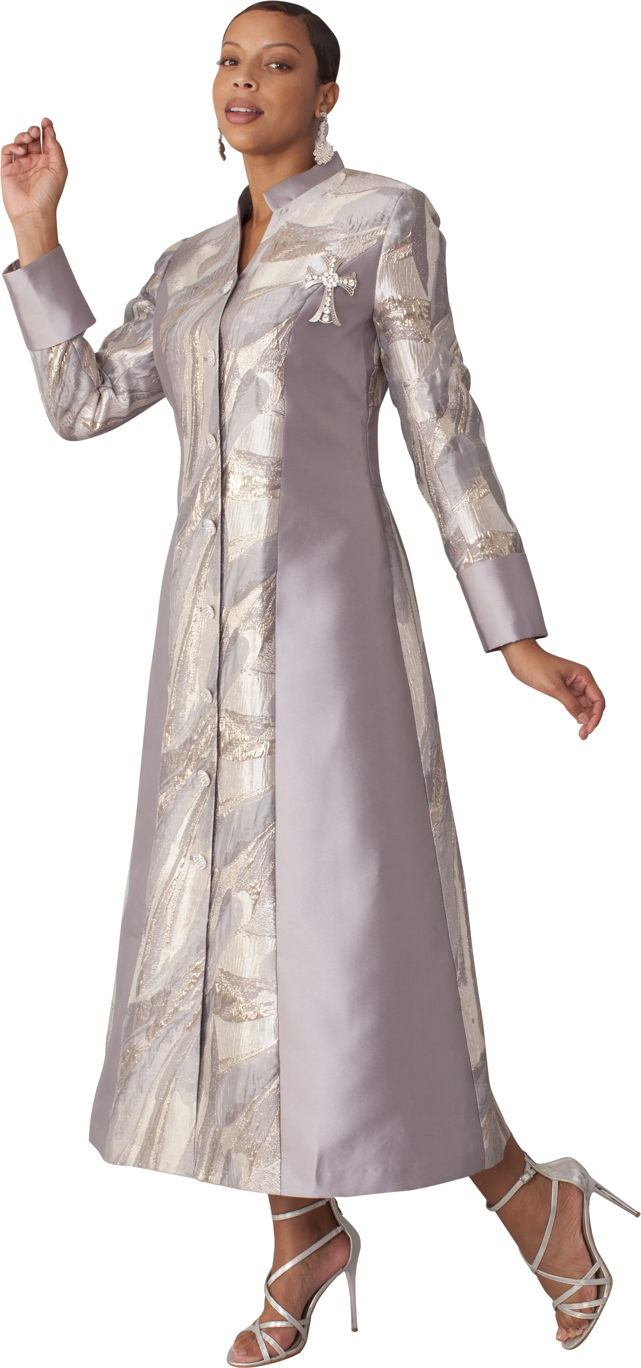 Brocade Clergy Robe with Cross Brooch for Women – 4821 - Image 4