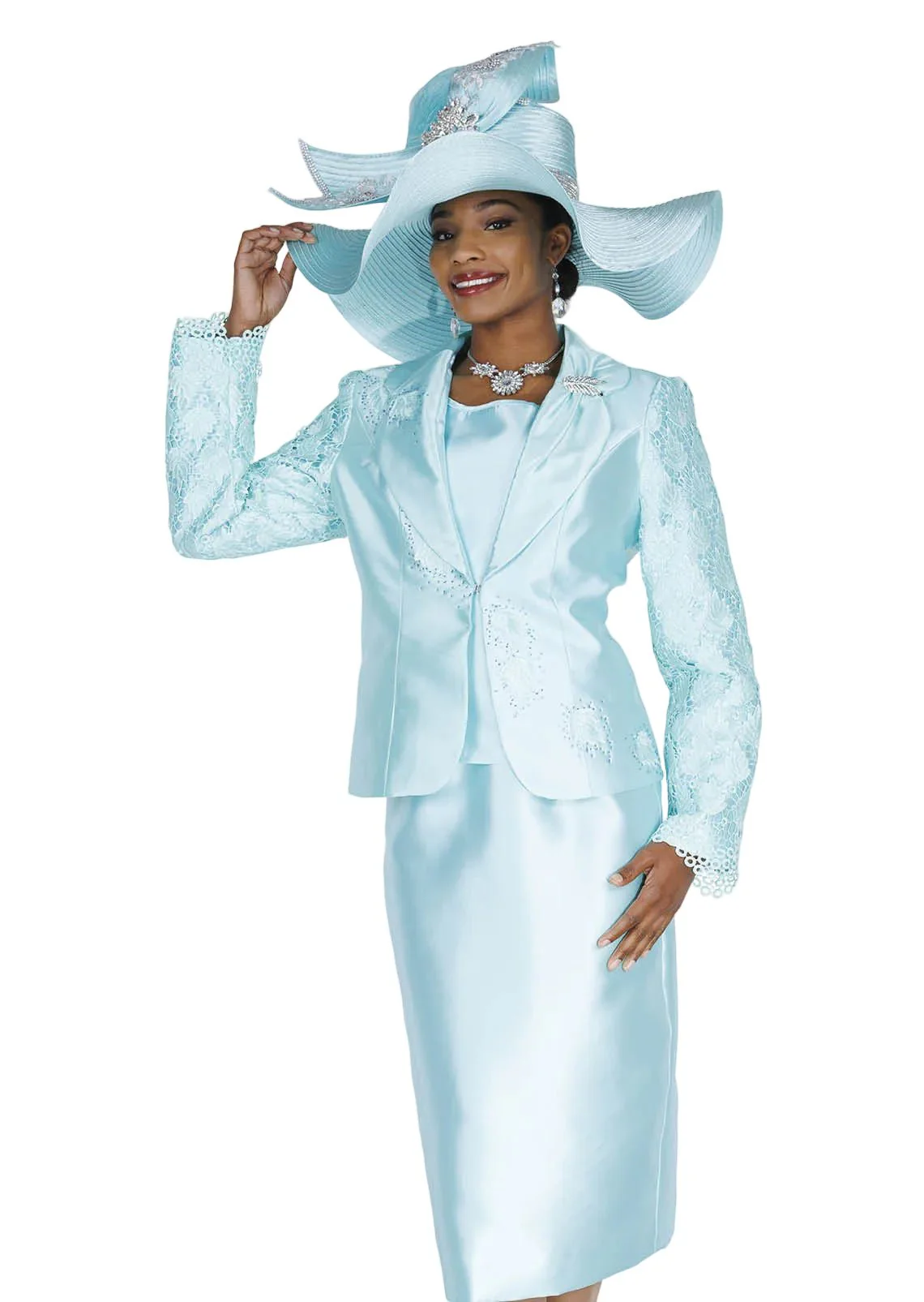 Champagne Italy 6204 Elegant Three-Piece Skirt Suit with Embellished Lace Sleeves