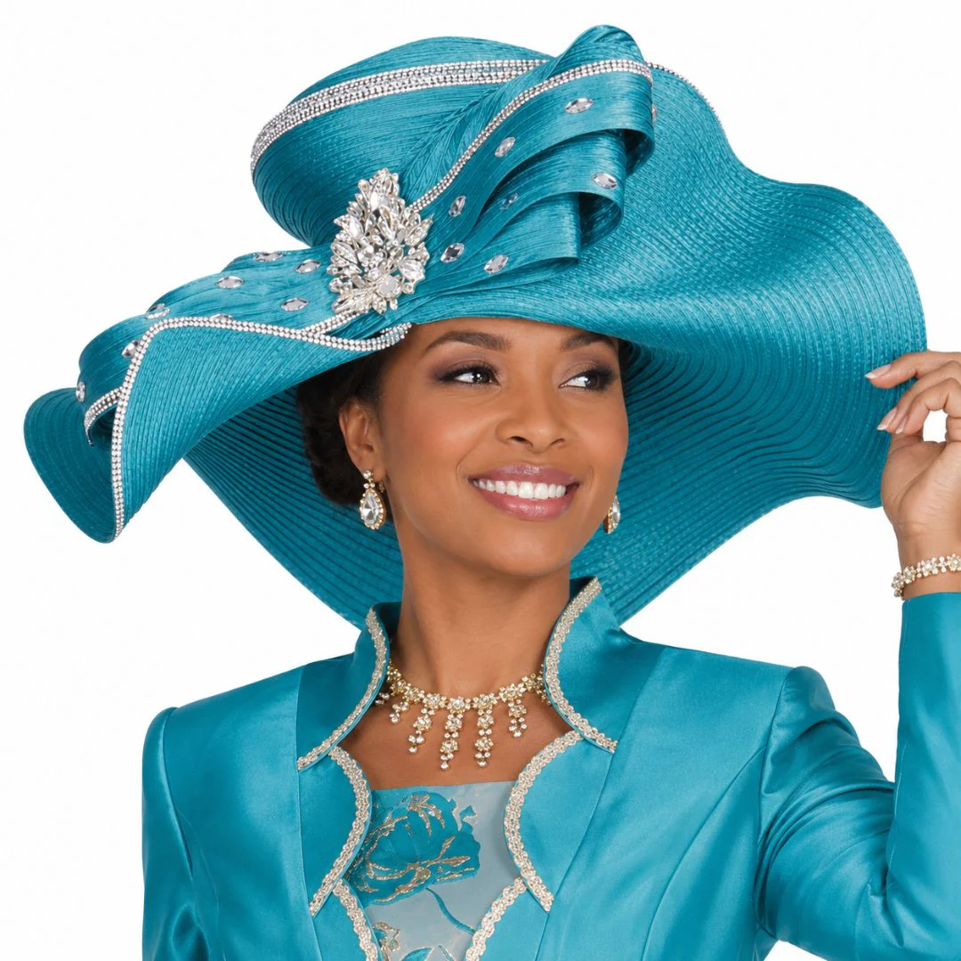 Champagne Italy Elegant Turquoise Wide Brim Church Hat with Rhinestone Brooch