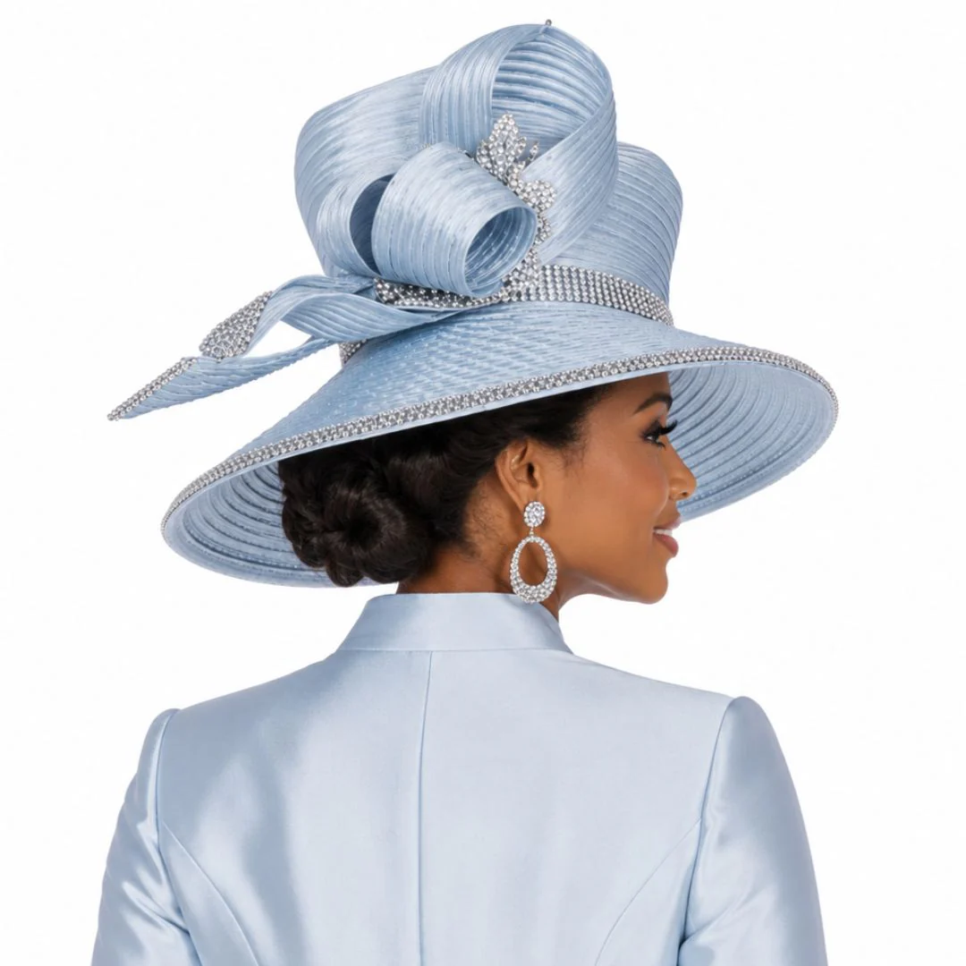 Champagne Italy Sky Blue Bow-Accent Wide Brim Church Hat with Rhinestones H6261 - Image 2