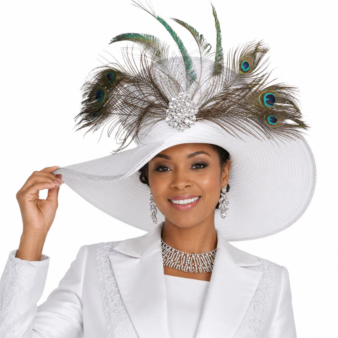 Champagne Italy White Wide-Brim Church Hat with Peacock Feather Accents H6266