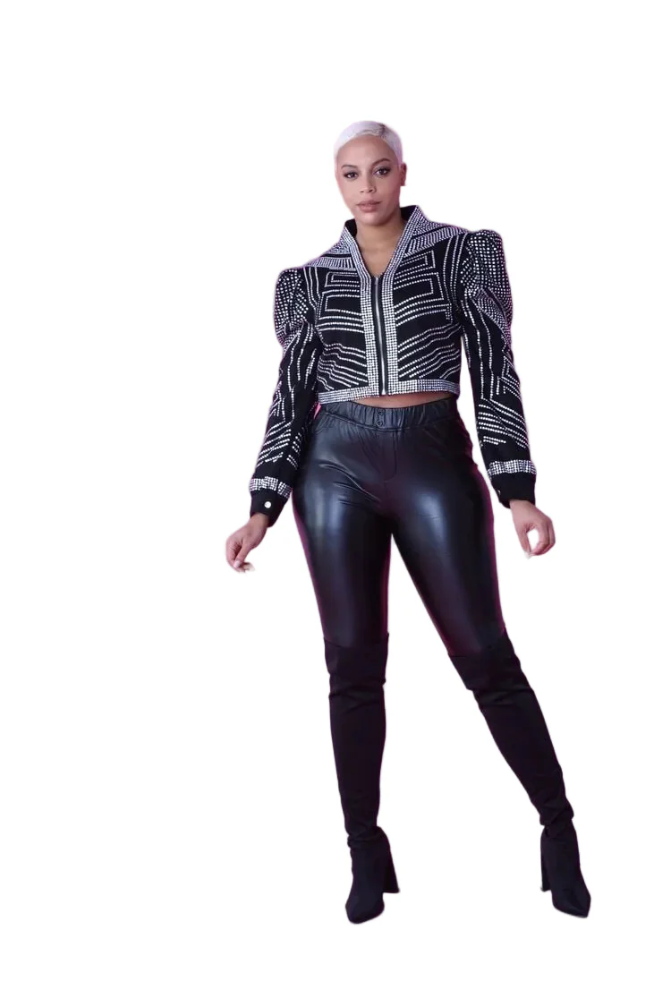 Cropped Jacket with Rhinestone Detailing -82065 - Image 4