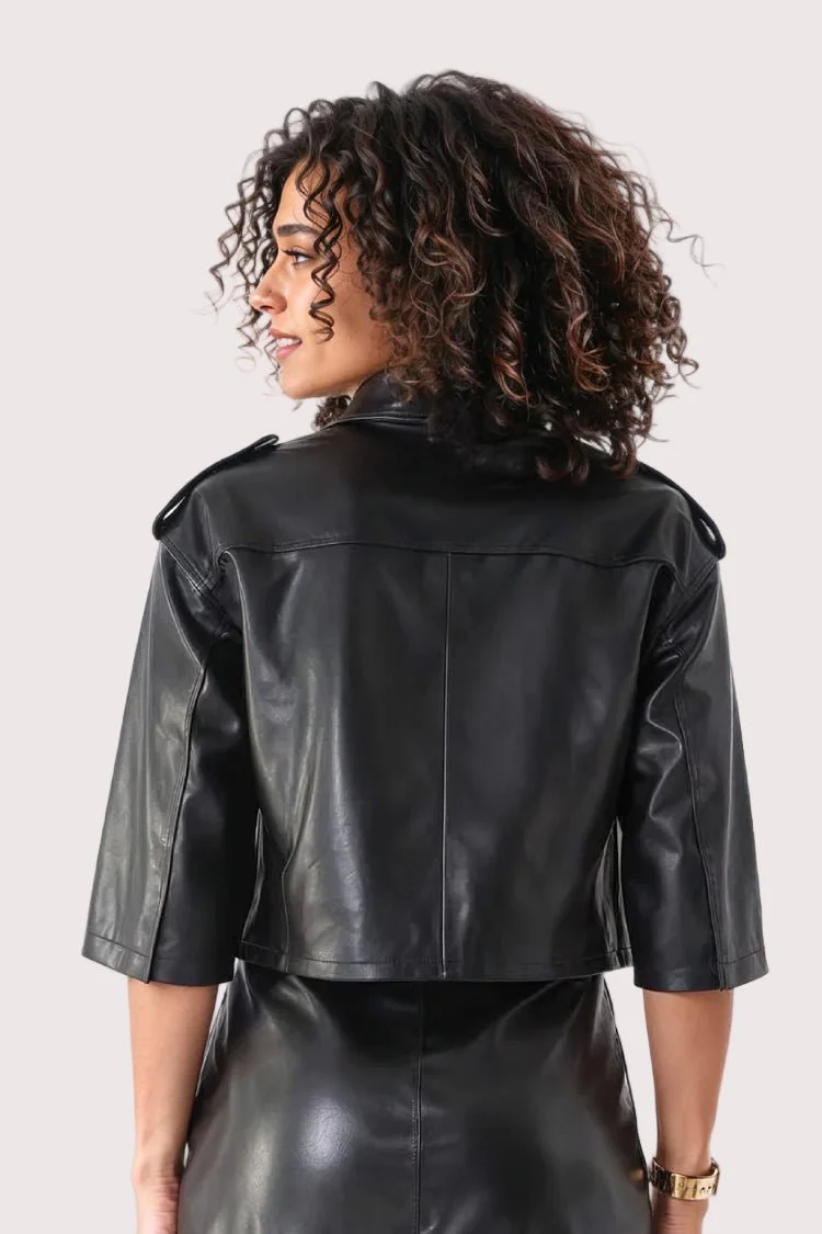 Cropped Leather Jacket with Bow Accent - 81768 - Image 2