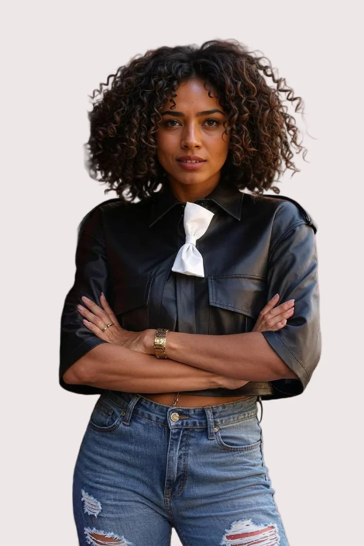 Cropped Leather Jacket with Bow Accent - 81768 - Image 3