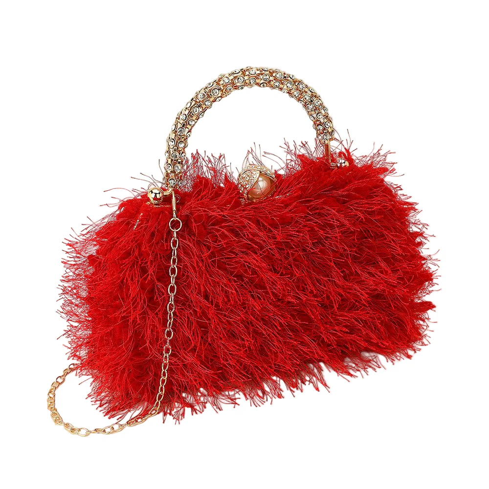 Crystal Handle Feather Embellished Clutch Crossbody Evening Bag