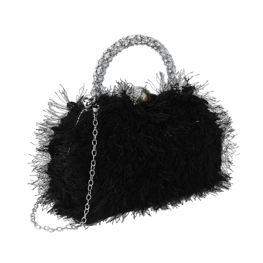 Crystal Handle Feather Embellished Clutch Crossbody Evening Bag - Image 2