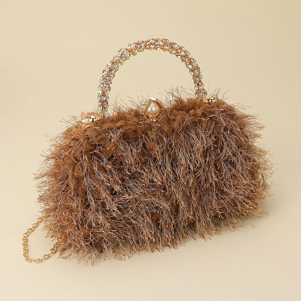 Crystal Handle Feather Embellished Clutch Crossbody Evening Bag - Image 3