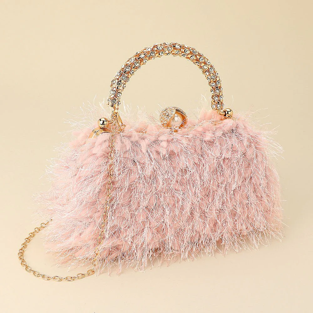 Crystal Handle Feather Embellished Clutch Crossbody Evening Bag - Image 4