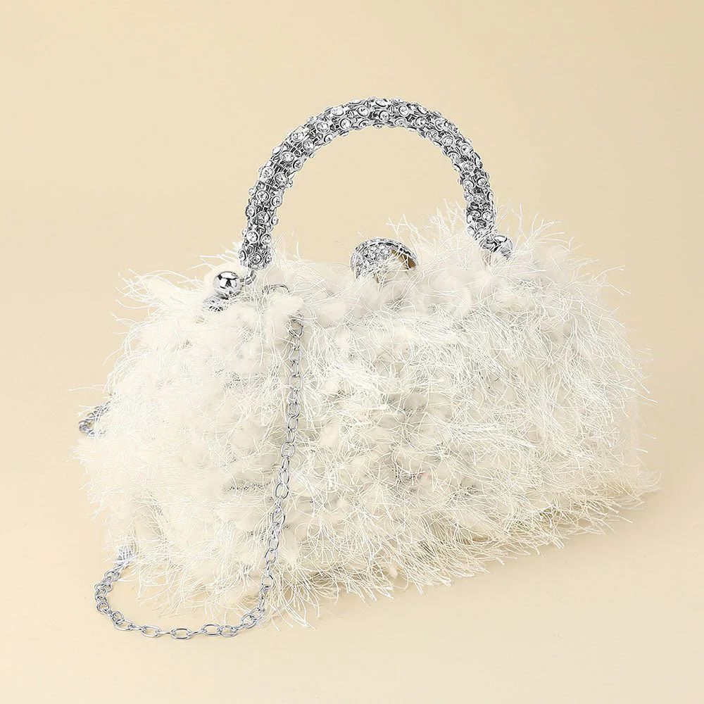 Crystal Handle Feather Embellished Clutch Crossbody Evening Bag - Image 5