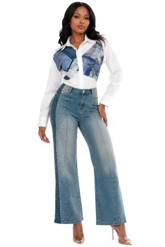 Crystal Side Panel Wide Leg Jeans - 83028