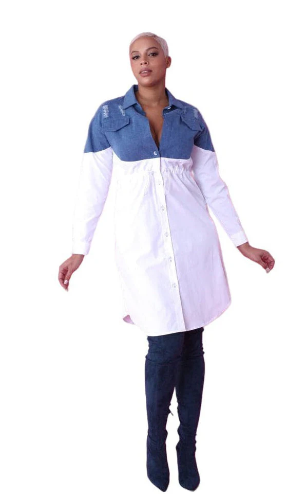 Denim Combo Woven Shirt Dress -82043