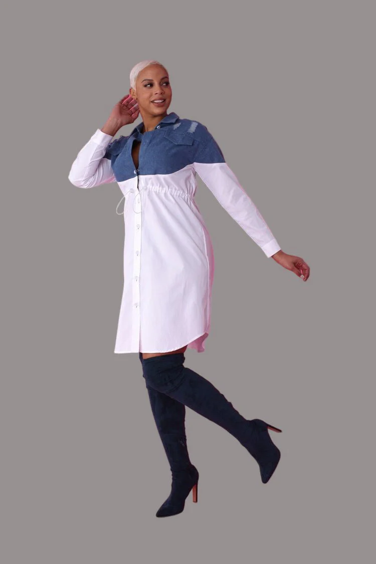 Denim Combo Woven Shirt Dress -82043 - Image 2