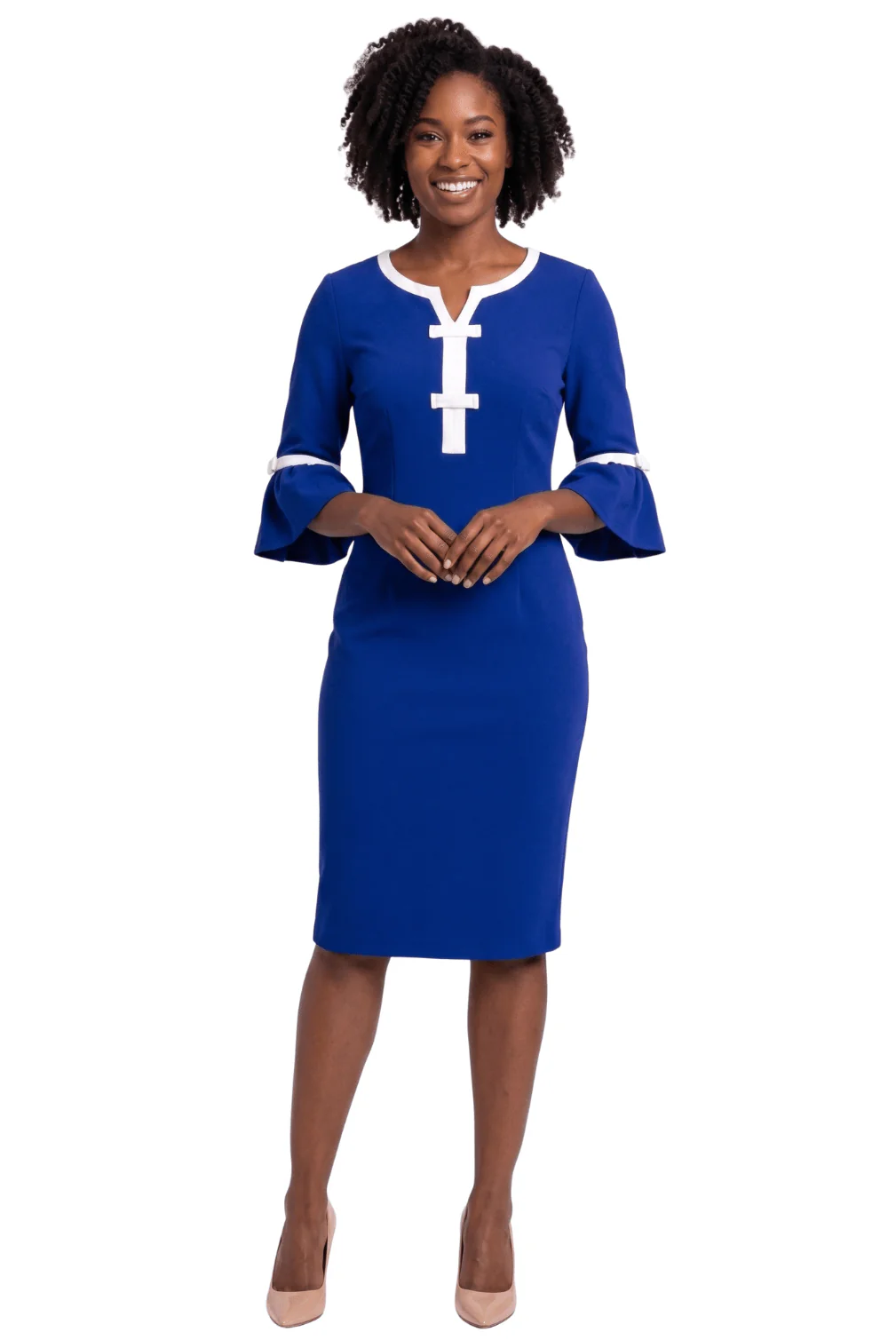Contrast Trim Bell Sleeve Sheath Dress by Divine Apparel - Image 2