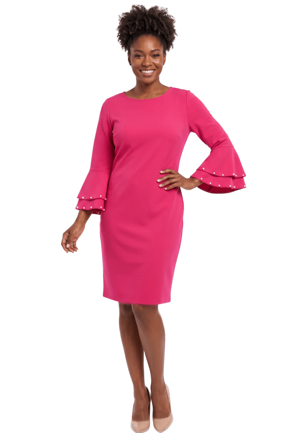 Pearl Trim Bell Sleeve Sheath Dress by Divine Apparel - Image 2