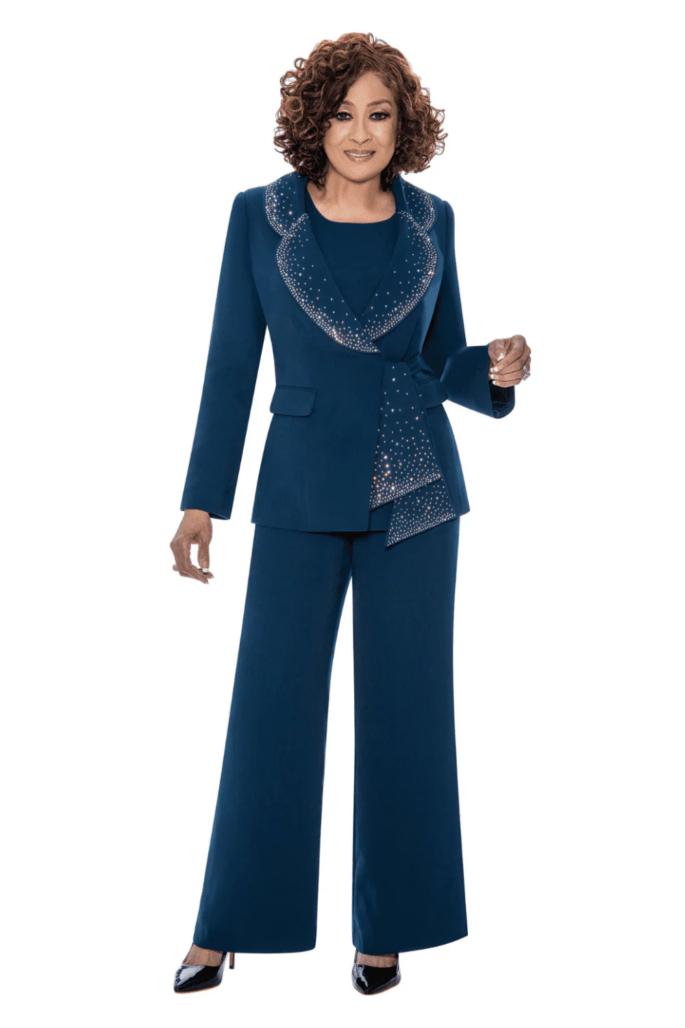 Crepe Pantsuit Rhinestone Trim Rounded Collar Jacket by Dorinda Clark Cole