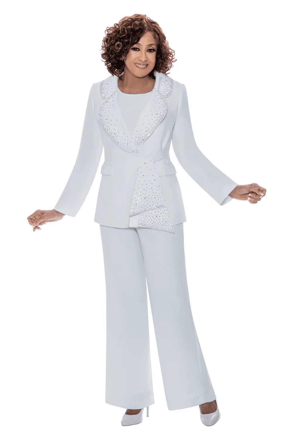 Crepe Pantsuit Rhinestone Trim Rounded Collar Jacket by Dorinda Clark Cole - Image 2