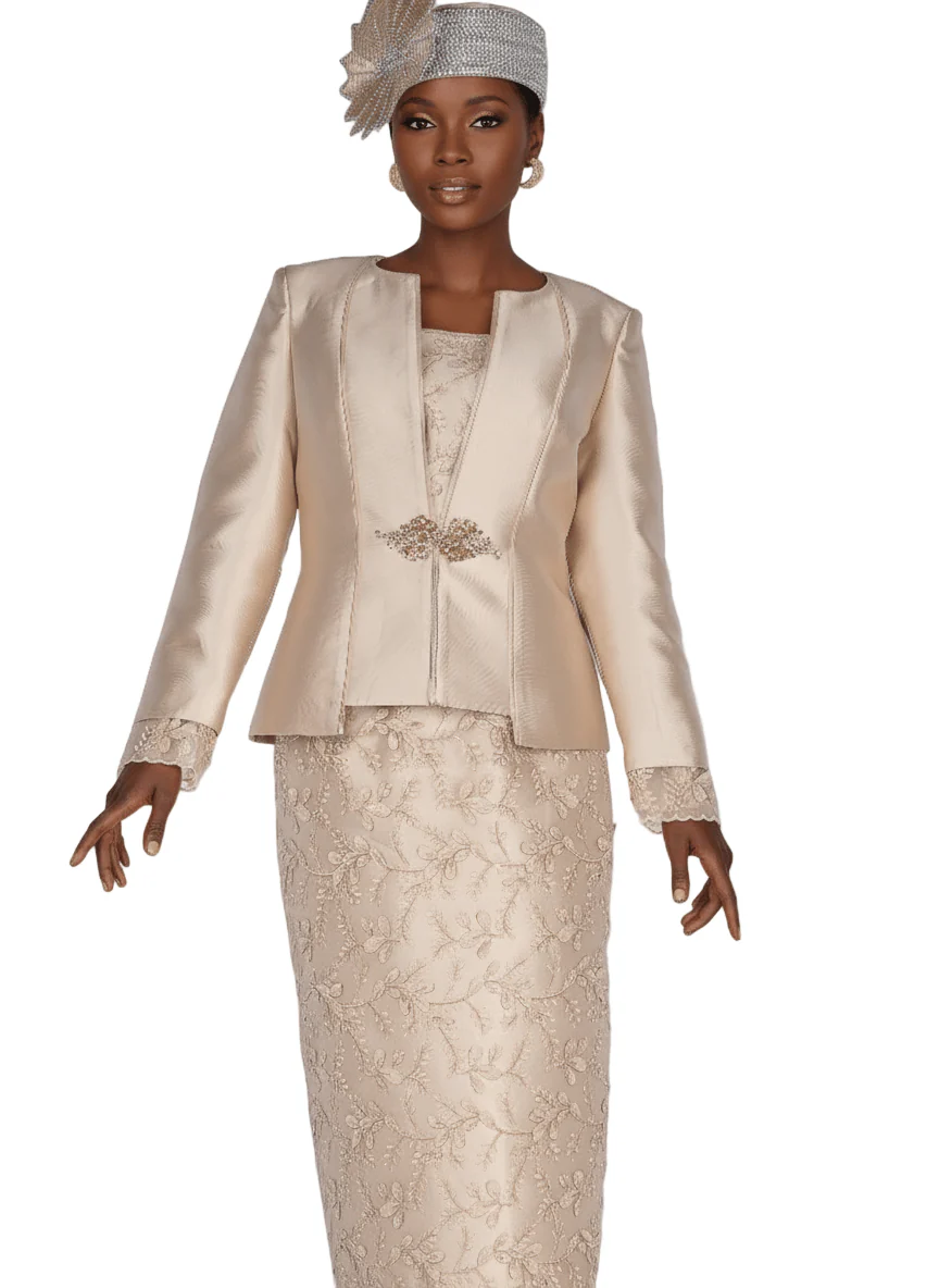 Elegant Gold Lace Skirt Suit with Silky Twill Jacket & Cami for Church