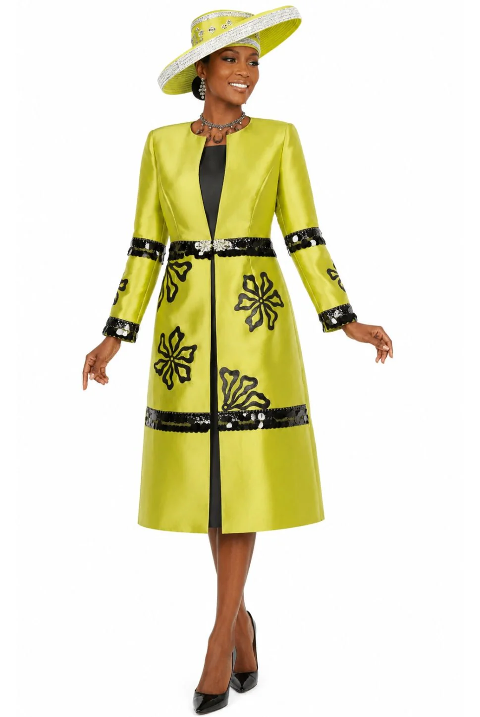 Elegant Olive Floral Sequin Duster Dress Set for Women's Church Occasions