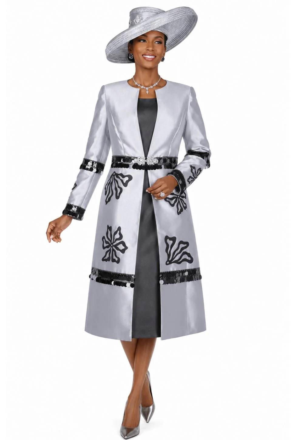 Elegant Olive Floral Sequin Duster Dress Set for Women's Church Occasions - Image 2