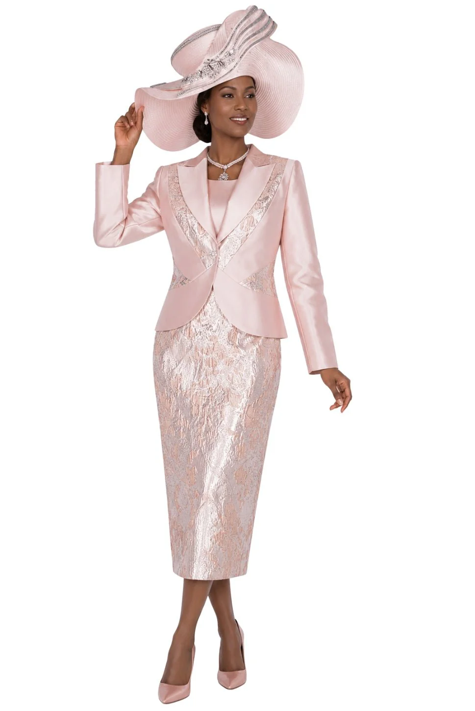 Elegant White Metallic Pattern Church Dress Suit with Rhinestone Jacket - Image 2
